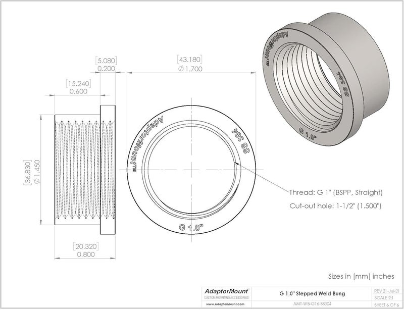 AdaptorMount G 1" (BSPP) Stainless Steel 304 Female Threaded Stepped Weld Bung Mounting Fitting (OD 1.5") with Top Head (OD 1.7") - Image 5